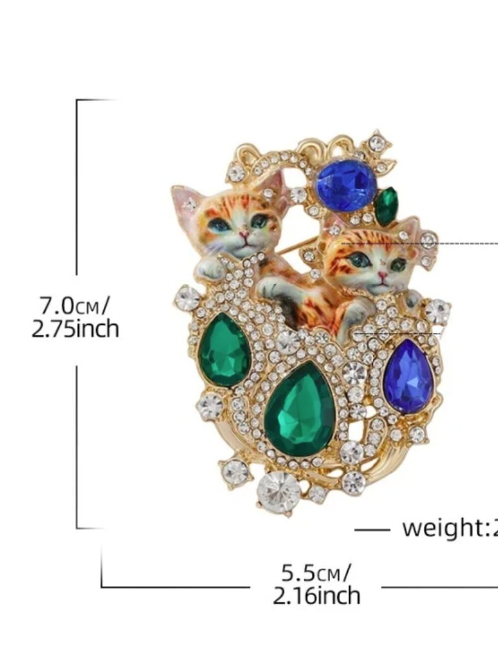 Colorful Rhinestone Cat Brooch – Gold Tone Alloy Pin with Crystal & Faux Pearl A - Picture 4 of 4